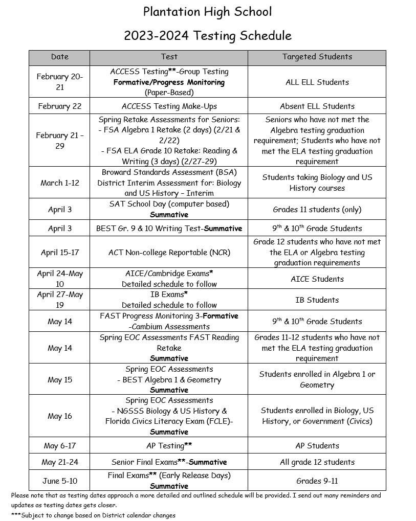 2023-2024 Testing Schedule